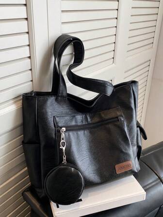 2 Stück Buchstaben-Muster PU Shopper-Tasche Set mit Münzbörse, Mehrtaschen-Schultertasche, moderner minimalistischer Pendler-Stil, geeignet für Frauen zum Einkaufen, für den täglichen Gebrauch, Reisen, Arbeit und Schule