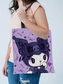 1pc  Tote Bag | Cute Cartoon Print Durable Polyester Reusable Large Capacity Beach Bag, Suitable For Girls, Shopping, Travel And Outdoor Activities, High-Quality Beach Bag, Shopping Accessory, Fun Design, One Side Without Zipper - Multicolor - View 3