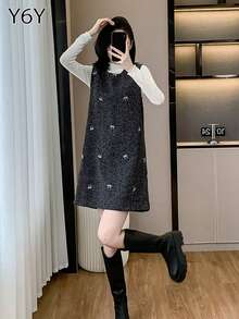 全新秋季黑色刺绣蝴蝶结优雅无袖中长连衣裙