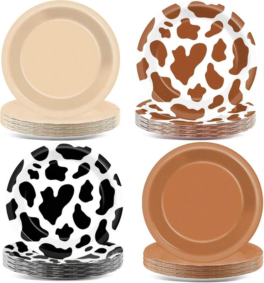 48Pcs Western Cowboy Party Paper Plates 7" Cow Print Party Supplies Brown Cowgirl Disposable Dessert Dinner Plates For Western Theme Farm Animal Birthday  Shower Farmhouse Party Decoration,12066829 - Brown - View 1
