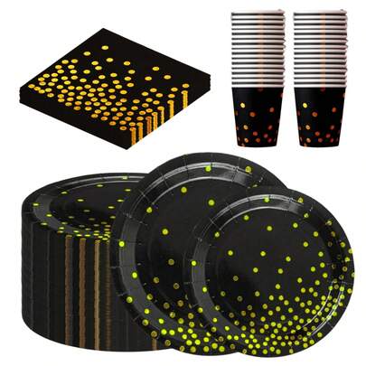 80PCS Disposable Christmas Golden Polka Dot Paper Tableware Set For Table Decorations, Black And Gold Bronzing 7"/9" Round Paper Plates, 9OZ Cups And Napkins Party Supplies For Birthday Party, Wedding, Graduation, Christmas, Anniversary