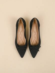 女士尖头一脚蹬针织纯色平底鞋，新款可爱蝴蝶结装饰休闲大码法式小猫跟 4 厘米高跟鞋，适合搭配连衣裙，风格可爱 - 黑色 - 查看 3