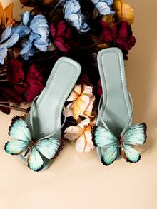 2026款花卉蝴蝶装饰透气镂空舒适平底凉鞋，适合夏季、秋季、冬季穿着，百搭，可用于婚礼、派对、休闲、海滩、浪漫约会、度假等场合。 - 綠色 - 查看 3
