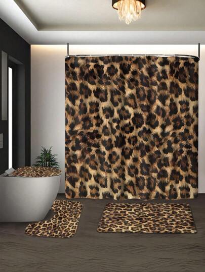 4pcs Leopard Print Bathroom Set - Modern Fashionable Sexy Floral Leopard Print Artistic Waterproof Shower Curtain With 12 Hooks, Non-Slip Bath Mat, U-Shaped Toilet Lid Cover, Bathroom Decor
