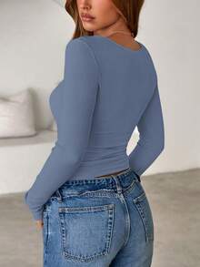 Women Spring And Fall Long Sleeve Shirts Ribbed Crewneck Fitted Basic Tee Going Out Tops Casual Workout Vacation Outfits - 淺灰藍色 - 查看 2