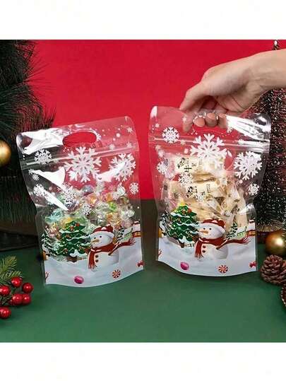 10pcs Christmas Candy Gift Bags, Christmas Cookie Biscuit Self-Standing Bags, Snowflake & Snowman Pattern Transparent Self-Sealing Bags For Cookies And Snacks, Suitable For Holiday Theme Parties And Christmas Decorations