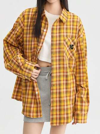 女式格子口袋前扣衬衫，办公室服装