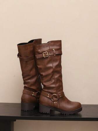 Fall/Winter Round Toe Cowgirl Boots For Women, High Shaft Western Boots, Retro Buckle Strap Tall Boots, Chunky Heel Comfortable Outdoor Thick Sole Fashion Boots