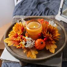 Thanksgiving Candle Ring Fall Artificial Maple Leaves Pumpkin Wreath For Harvest Festival Farmhouse Table Decor