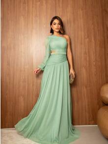 Long Dress For Bridesmaids Wedding Graduation One Elegant Sleeve - Mint Green - View 4