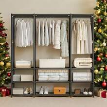 1个多功能金属衣帽架，1-3层简约衣架带鞋架，黑/白防尘衣柜收纳架，新款卧室落地式衣帽架，时尚简约加厚钢管收纳架 - 彩色 - 查看 9