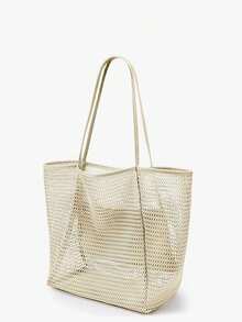 大容量可折叠网眼游泳包带口袋，沙滩网袋透明手提包挖沙袋适合海边度假，沐浴游泳洗漱用品收纳袋，网眼手提包学校手提包适合少女度假、假日、购物 - 卡其色 - 查看 12