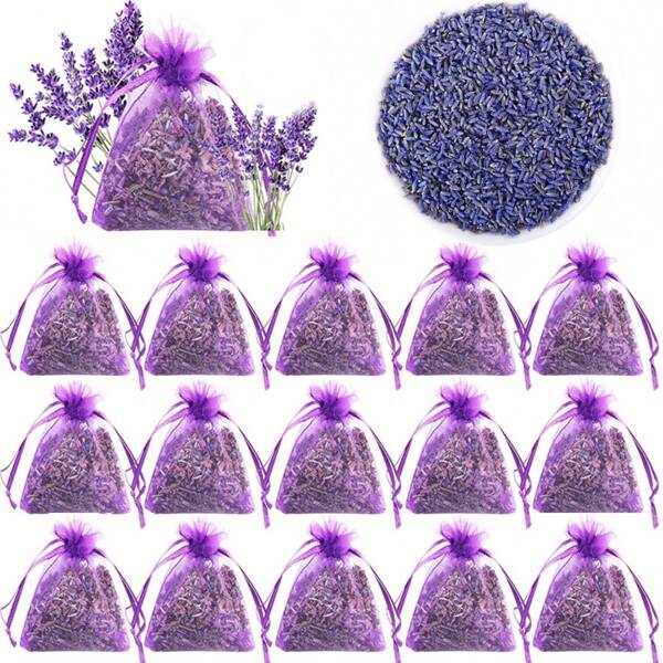 Pacote com 1/20 unidades de saco de malha de grânulos de lavanda roxa, planta seca natural a granel, adequada para quarto interno, guarda-roupa, bolsa de fragrância para carro, sachê, travesseiro - para sabonete artesanal, vela, artesanato e decoração de aromaterapia