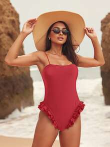 Traje de baño monokini para mujer, color sólido, tirantes finos, volantes, sin mangas, traje de baño de verano, bikini - Rojo coral - Ver 4
