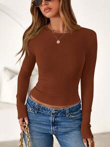 Women Spring And Fall Long Sleeve Shirts Ribbed Crewneck Fitted Basic Tee Going Out Tops Casual Workout Vacation Outfits - caramen - Xem 6