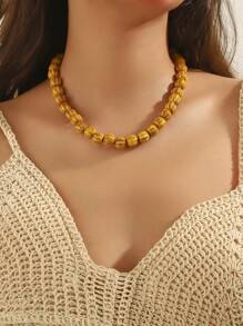 1pc Boho Style Round Geometric Ceramic Pumpkin Bead Handmade Beaded Necklace With Stainless Steel Chain & Lobster Clasp, Gift For Women, Suitable For Daily Wear And Holidays