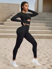 2 Pieces Women's Elegant Solid Color Long Sleeve Top And Leggings Set, Autumn