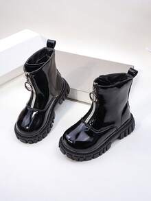 Fashionable Girls' Boots, Black Boots, Black Glossy + Round Ring Zipper, Textured PU Material, Thick Sole Comfortable. - Black - View 2