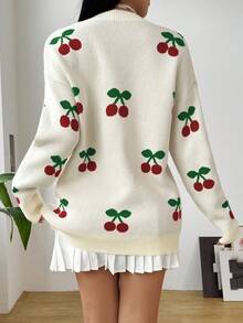 Cherry Pattern Mid-Length Cardigan, Elegant Fashion Casual Versatile Button-Up Sweater Jacket, Autumn/Winter