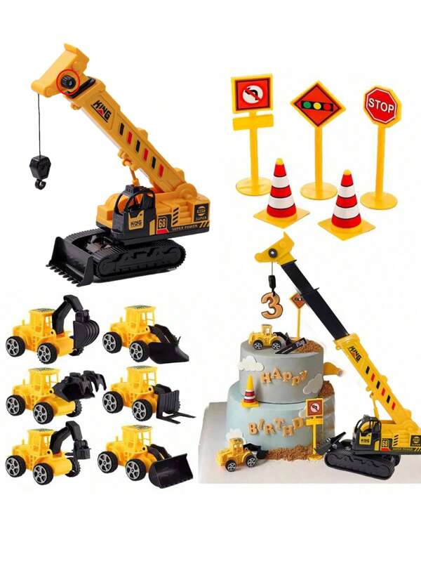 12pcs/Set Construction Vehicle Cake Topper - Excavator, Bulldozer, Loader Engineering Theme Birthday Party Cake Decorations