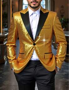 Men's Suit Party Jacket, Half Neck Sequin Suit Jacket, Suitable For Attending Dances And Parties, Is The Best Gift For Husbands To Attend Parties - Vàng đen - Xem 1