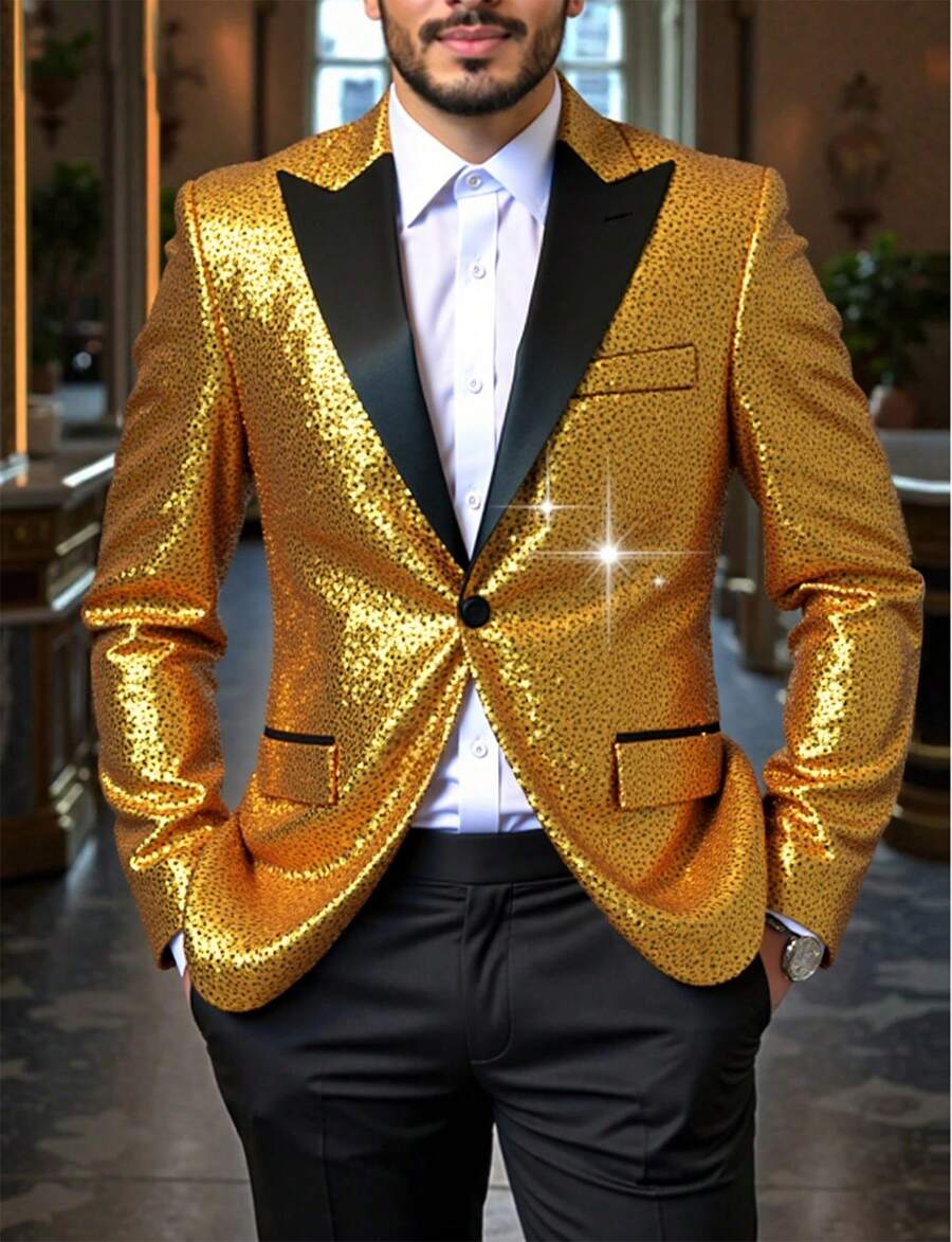 Men's Suit Party Jacket, Half Neck Sequin Suit Jacket, Suitable For Attending Dances And Parties, Is The Best Gift For Husbands To Attend Parties - Vàng đen - Xem 1