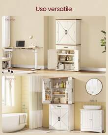 VASAGLE Credenza, Mobile da Cucina Alto 178,6 cm con Ante in Stile Fienile, Cassetto, Vassoio, Ripiani Regolabili, Dispensa per Cucina Sala da Pranzo, Bianco Vintage - Bianco - Visualizzare 5