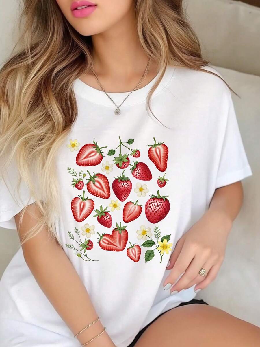 Women's Strawberry Print Casual T-Shirt Summer Fashion Graphic Tee For Ladies Comfortable Short Sleeve Top Perfect For Beach Party Or Everyday Wear - White - View 1