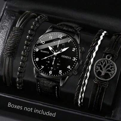 一套男士手表，包含一条时尚黑色PU皮表带、一个休闲圆形石英表盘和一个真皮表带。适合日常佩戴、生日礼物、派对、节日聚会，是送给自己或朋友的理想礼物。不含包装盒。