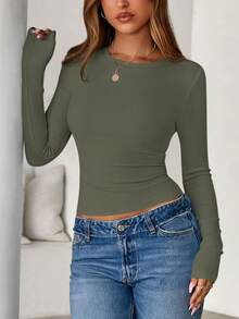 Women Spring And Fall Long Sleeve Shirts Ribbed Crewneck Fitted Basic Tee Going Out Tops Casual Workout Vacation Outfits - 軍綠色 - 查看 3
