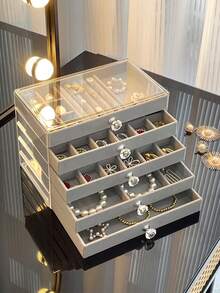 1pc, 7 Compartments 5 Layers Velvet Jewelry Box Drawer-Style Jewelry Box Ring Box Earring Storage Box Drawer-Style Jewelry Storage Box,3 Layers Clear Plastic & Velvet Drawers Jewelry Storage Box