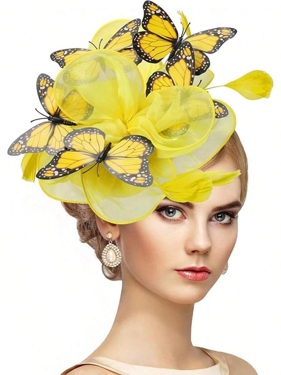Organza Fascinators Hats - Monarch Tea Party Hat With Hairpin, 2025 Derby Headwear - Màu vàng - Xem 1