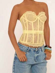 Women Lace Bustier Corset Tops Flower See Through Off Shoulder Sleeveless Body Shaper - 黃色 - 查看 6