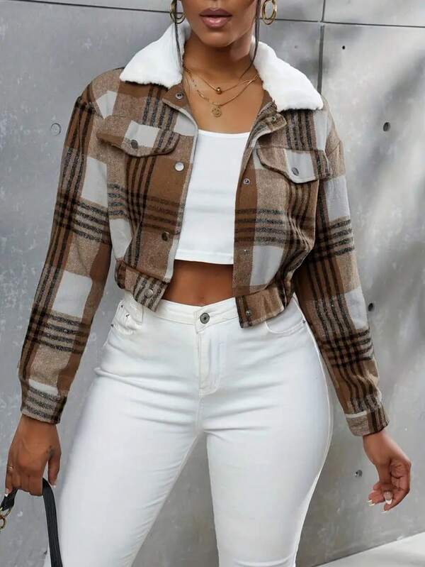 Casual Plaid Front Button Cropped Jacket, Autumn/Winter