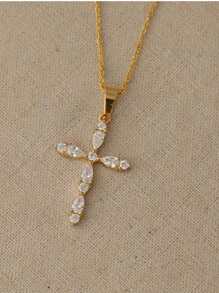 1pc Fashionable Cubic Zirconia Cross Stainless Steel Pendant Necklace, Suitable For Daily Wear, Party And Casual
