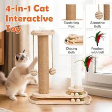 1 Piece Solid Wood Cat Tree, Natural Style With Scratching Post, Scratcher & Teaser Wand All-In-One Design For Cats' Home Self-Entertainment & Claw Grinding - Multicolor - View 5