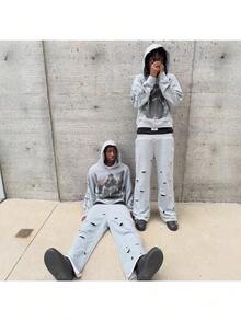 Fall/Winter Men's Hooded Sweater Loose-Fitting Casual Artistic Print Zip-Up Hooded Sweatshirt