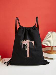 Drawstring Backpack Sports Backpack Women Drawstring Shoe Bags For Travel Storage Bags Rose Gold Initials Name Letter Pattern Gym Bags Lightweight Drawstring Bag Travel Bags Cloth Bags Dust Storage Pouch For Outdoor Duffle Sports Bag Schoolbag Bundle Tote Bag For Student Sports Back Pack Latter Print - Black - View 24