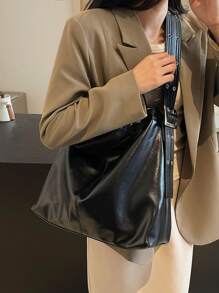 1 pieza Bolso de hombro de mujer de estilo vintage negro con remaches, ojetes y costuras, con acabado encerado, bolso de tote versátil y casual apto para uso diario, ir a la universidad, de gran capacidad tipo cubo, nueva llegada de otoño/invierno