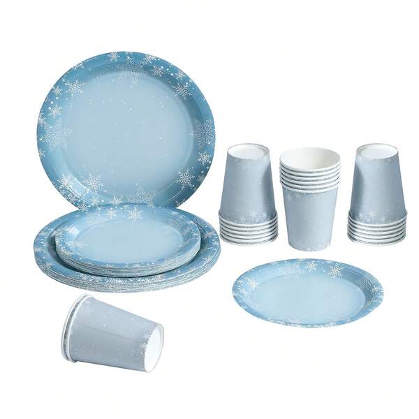 60pcs/Set Plastic-Free Blue Snowflake Themed Tableware Set, Christmas Happy Party Supplies, 9"/7" Paper Plates & Dessert Plates, Beverage Cups, Coffee Cups And Napkins