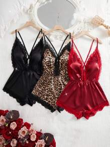 3 件豹纹女式性感内衣紧身衣套装，性感蕾丝缎面深 V 领交叉设计紧身衣，适合露背泰迪性感睡衣和 - 彩色 - 查看 4