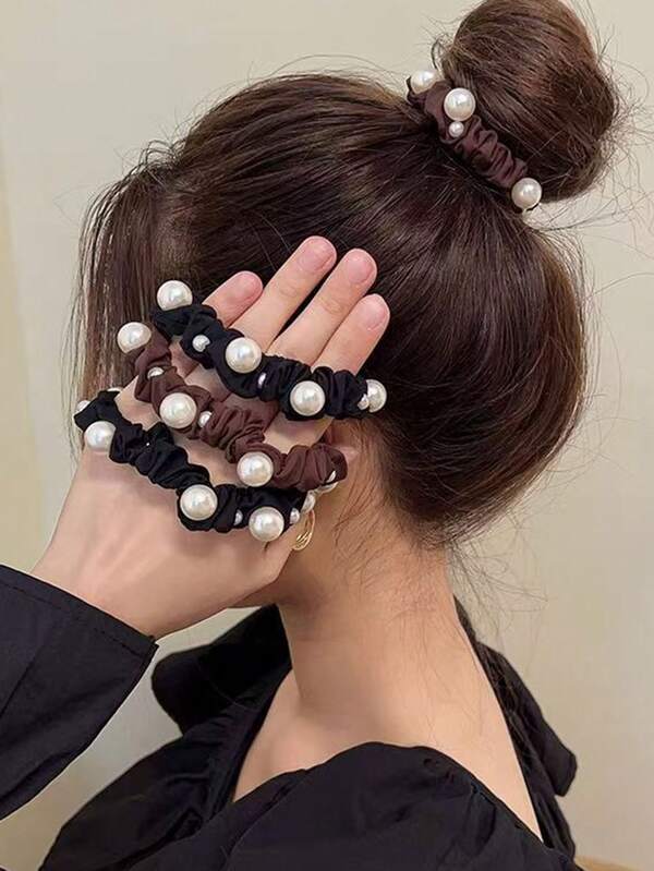 4 pièces Chouchous à perles élégants minimalistes, liens de cheveux décontractés à motif géométrique haute élasticité, en polyester, convenant à toutes les saisons