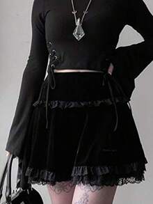 Women Cross Embroidery Y2k High Waist Mini Skirts Punk Grunge Lace Trim Lace Trim Velvet Skirts Gothic Goth Punk Emo Skirta Daily Casual Party Club Streetwear - 黑色 - 查看 3