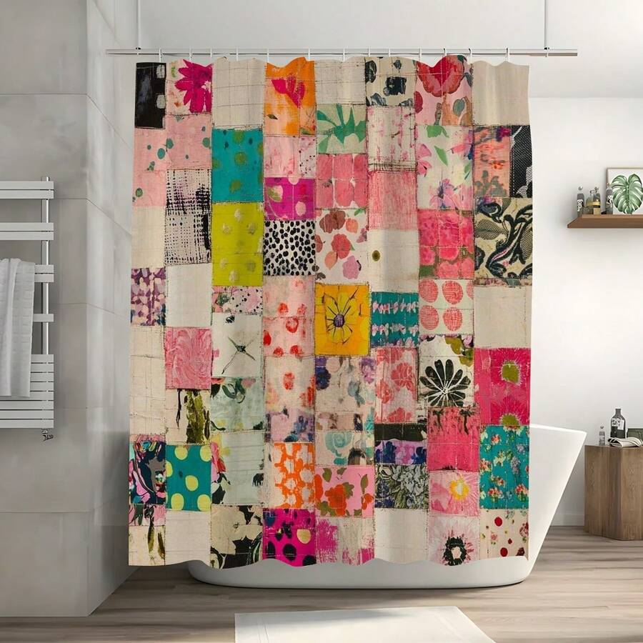 1pc Vintage Patchwork Floral Print, Colorful Art Design Non-Light-Blocking Shower Curtain With Hooks, Suitable For Home Hotel, Bathroom Decoration, Bathroom Partition, Room Decoration