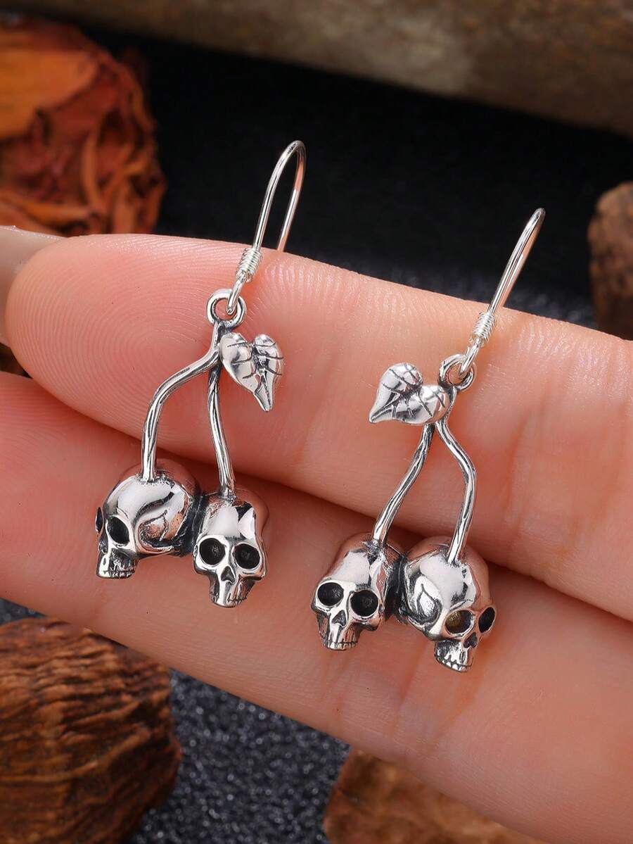 Cercei din argint 925 cu craniu și cireșe, ediție limitată de Halloween, bijuterii din argint pur în stil gotic Lolita, cercei hipoalergenici cu șurub, cadou amuzant pentru iubită/cea mai bună prietenă, stil cutie aleatorie