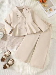 2pcs Girls Autumn Outfit, Long Sleeve Asymmetrical Hem Blazer Jacket And Wide Leg Pants Suit - Khaki - View 1