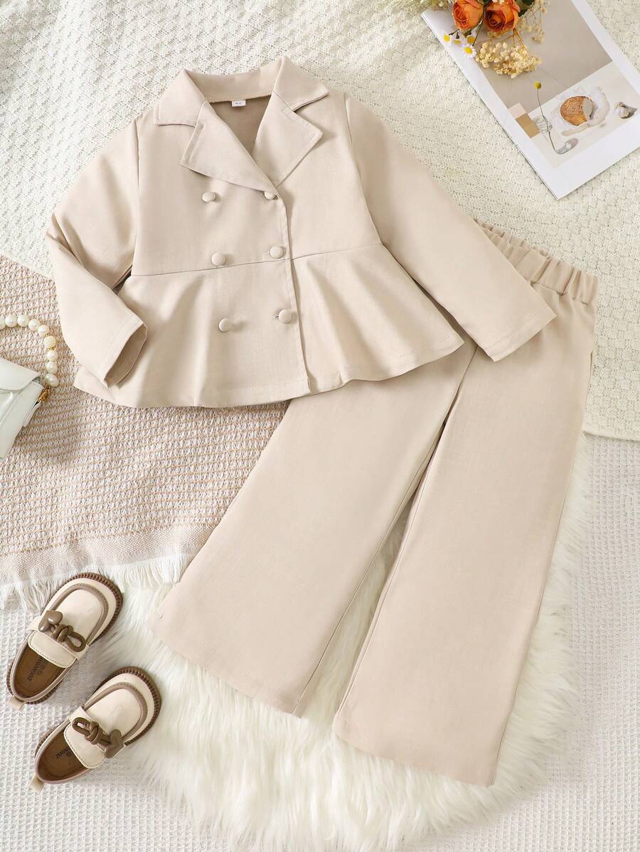 2pcs Girls Autumn Outfit, Long Sleeve Asymmetrical Hem Blazer Jacket And Wide Leg Pants Suit - Khaki - View 1