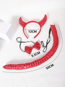 Set de 3 piezas de diadema de cuernos de diablo, moño y cola para disfraz de fiesta de Halloween, adecuado para actuaciones de baile, fiestas y shows de bar - Rojo - Ver 5