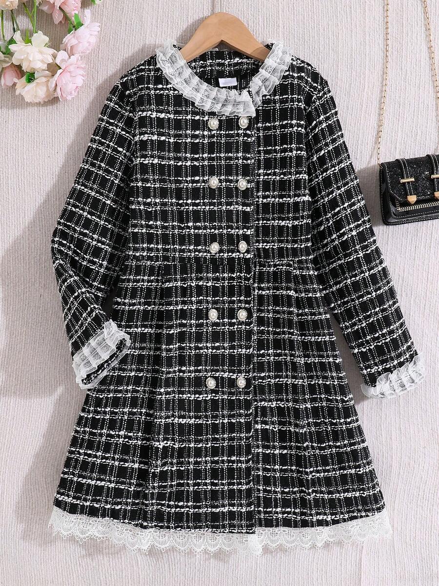 1pc Girls' Black Long Sleeve Sweet & Chic Coco Ruffle Collar Double-Breasted Tweed Patchwork Hem Vintage French Elegant Dress, Autumn/Winter - Black - View 1