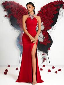 ADYCE 女士华丽水钻露背系带长裙，高腰褶裥设计，适合舞会、派对、正式场合、婚礼等。 - 紅色 - 查看 3